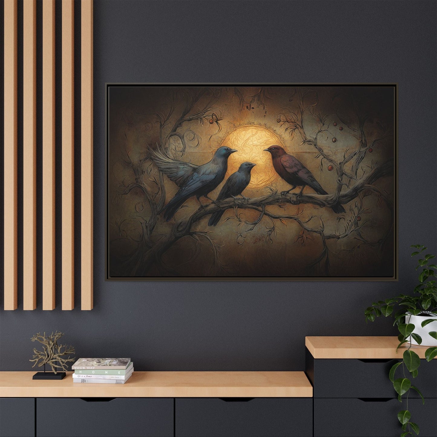 Three Ravens at Full Moon Matte Canvas, Framed Multi-color