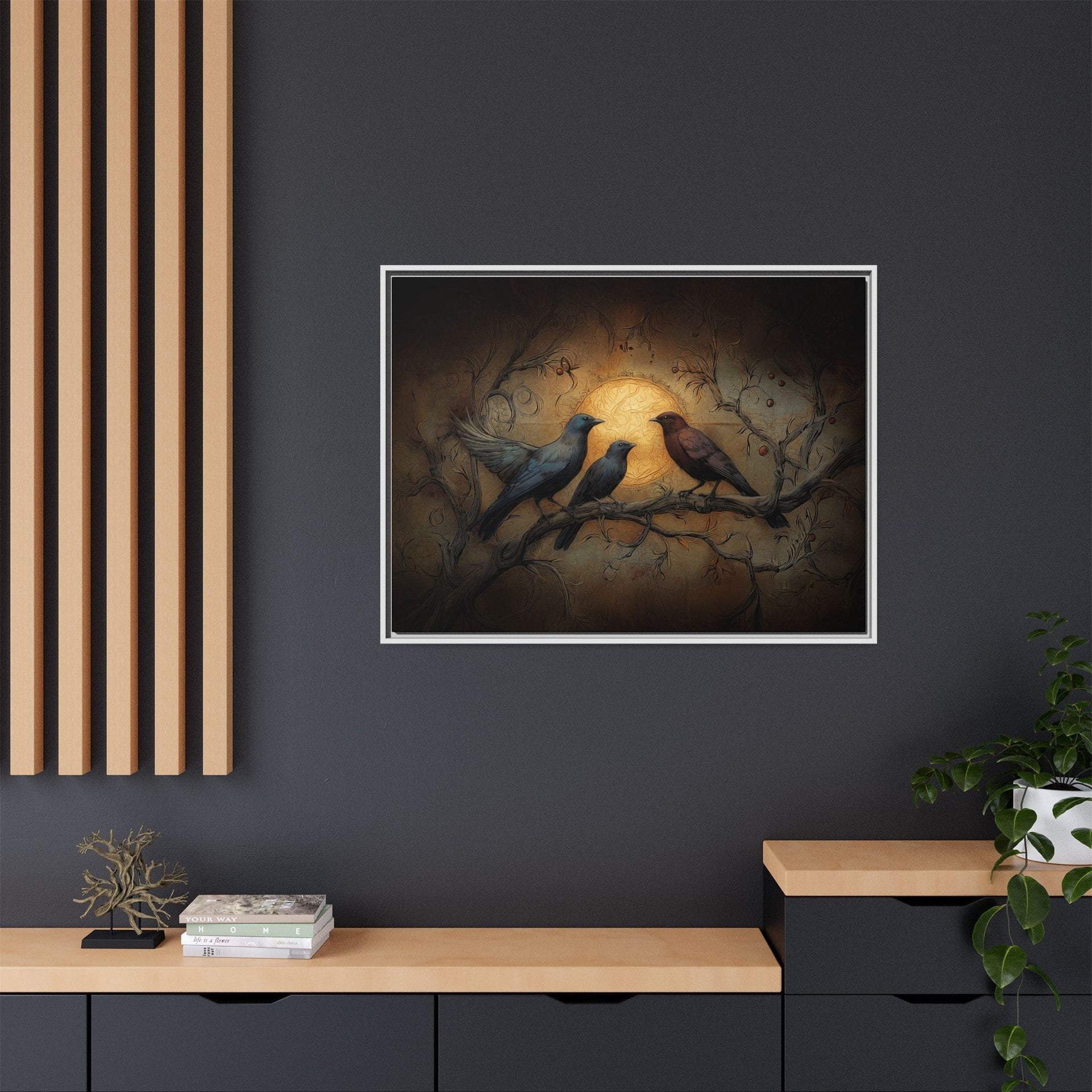 Three Ravens at Full Moon Matte Canvas, Framed Multi-color