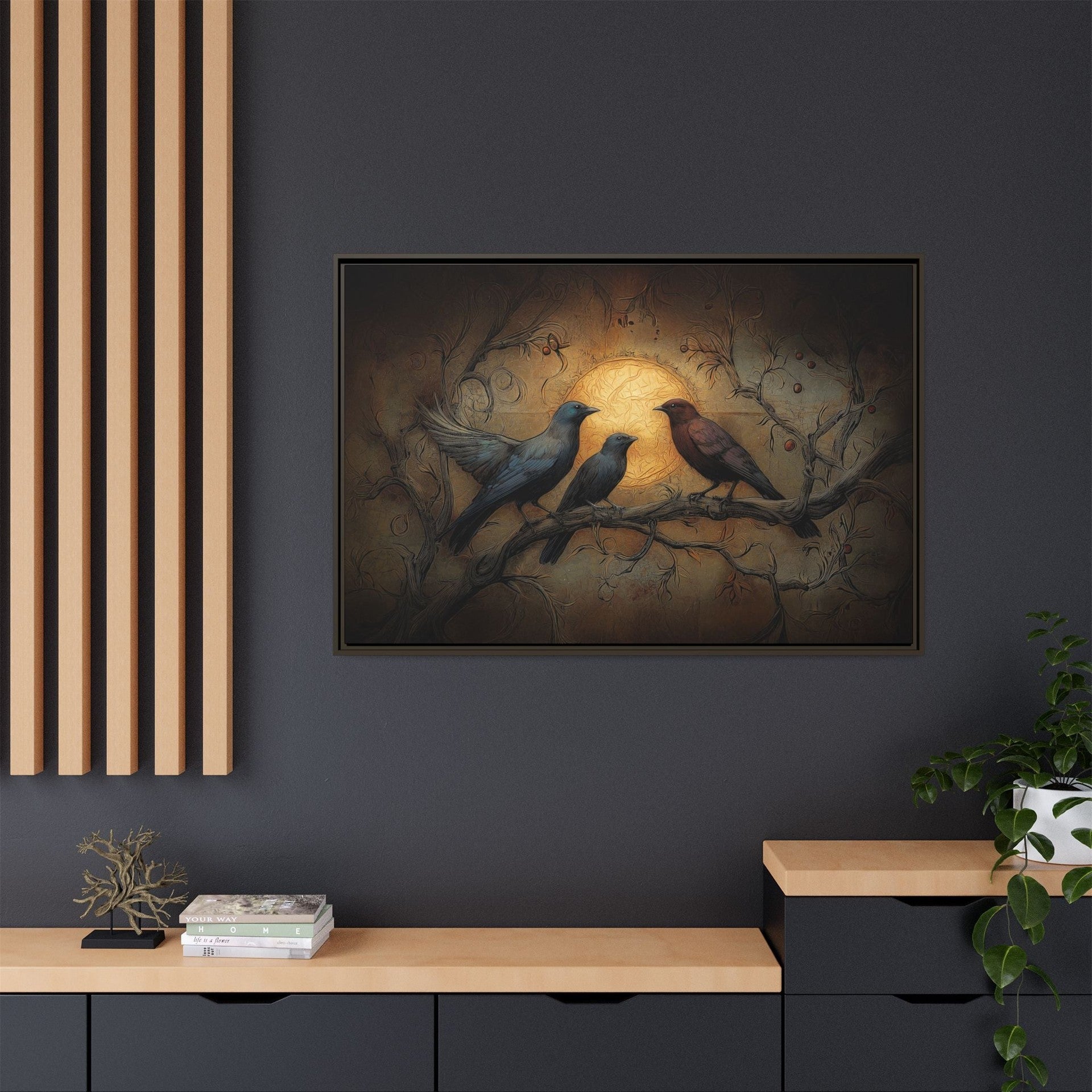 Three Ravens at Full Moon Matte Canvas, Framed Multi-color