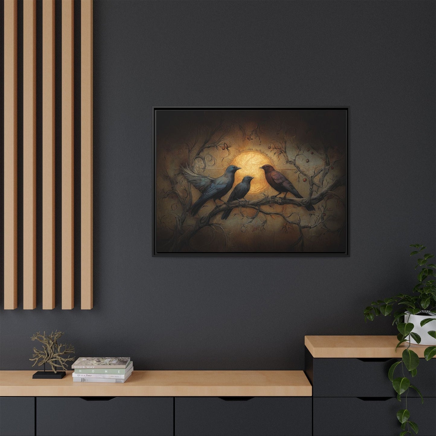 Three Ravens at Full Moon Matte Canvas, Framed Multi-color