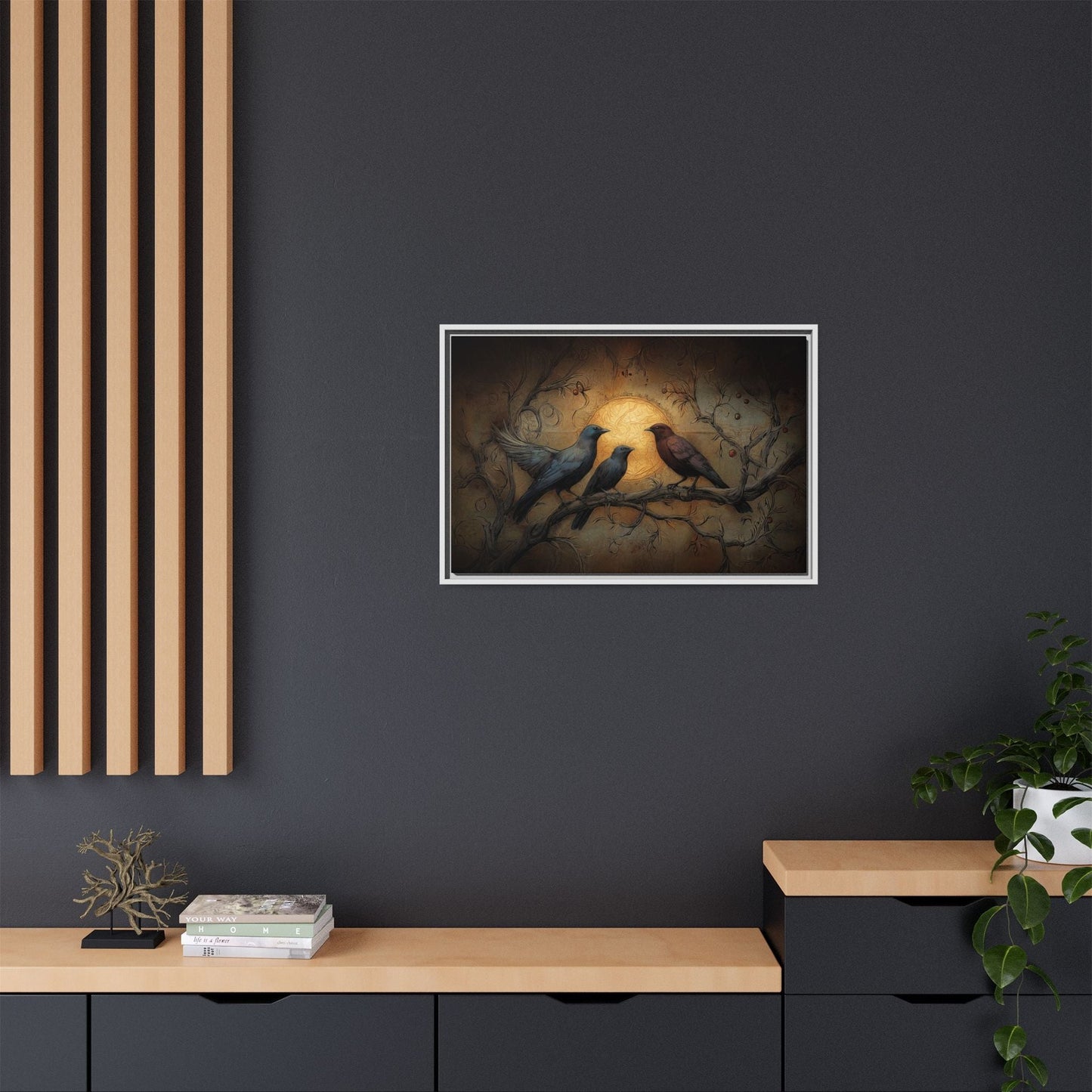 Three Ravens at Full Moon Matte Canvas, Framed Multi-color